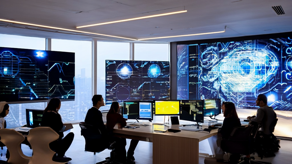 A modern office where the Lemon AI system is automating customer data processing and analysis, providing real-time decision support to the team.