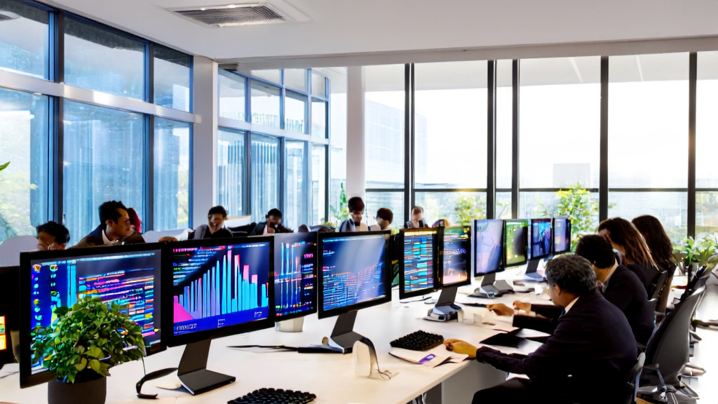 Employees in a modern office using the Manus AI Windows desktop application for efficient customer acquisition
