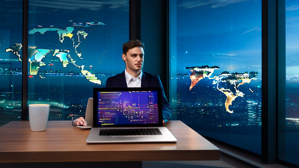 A young entrepreneur using MobiAgent in a modern office for global market expansion