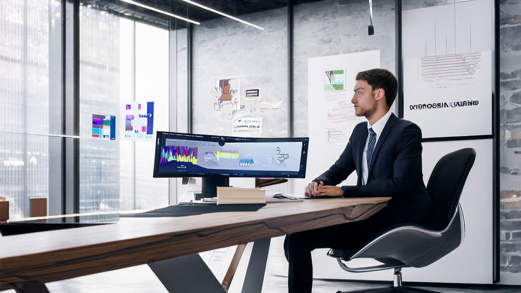 Employees in a modern office are using the Qwen Chat desktop client, with a world map in the background and sunlight streaming through the windows.