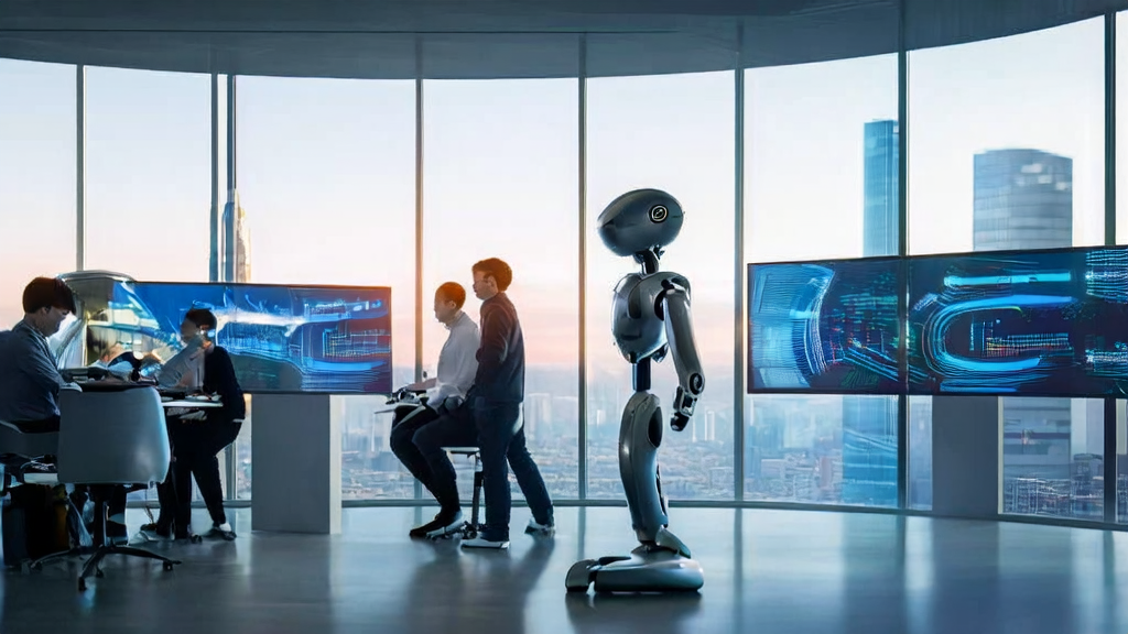 Modern office with Unitree R1 robot and AI acquisition system working together, city skyline in the background