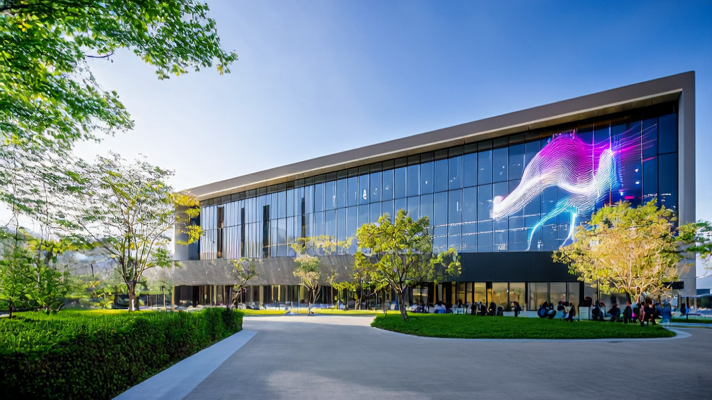 Modern office with employees using AI technology for customer acquisition, featuring a large screen showcasing real-time music creation by DeepMind's new AI model Lyria2