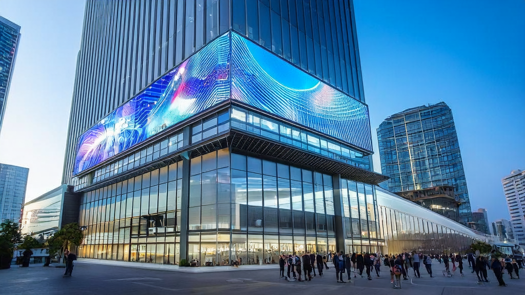 现代化办公楼展示淘宝RecGPT大模型广告，年轻创业者们正在利用AI技术优化外贸企业获客策略