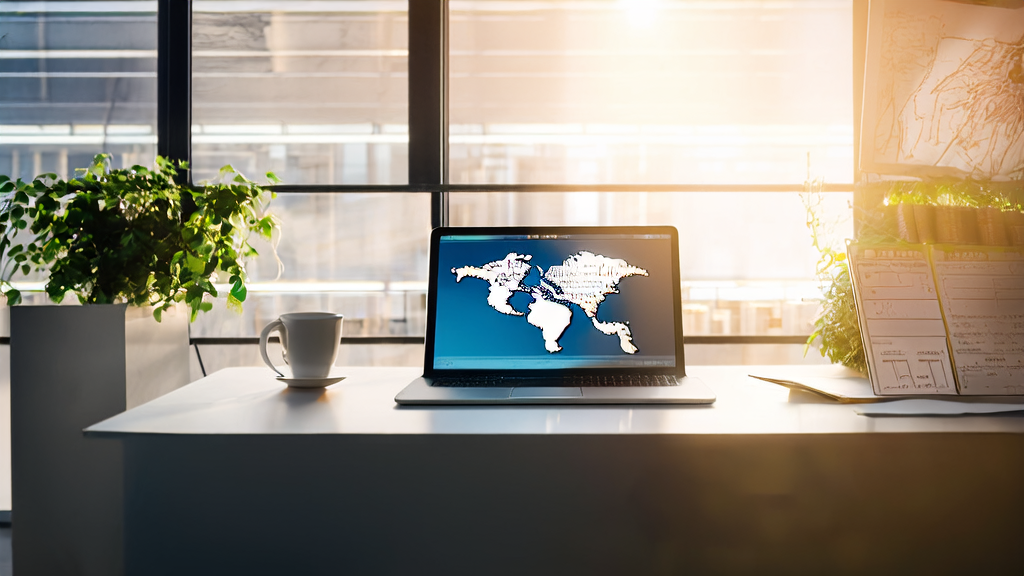 A modern office with sunlight, featuring a laptop editing an international business email
