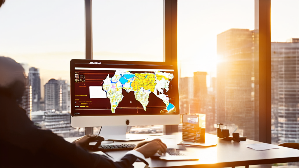 Sunlight in a modern office, showcasing a computer screen with Taobao's AI shopping interface and a world map highlighting global markets