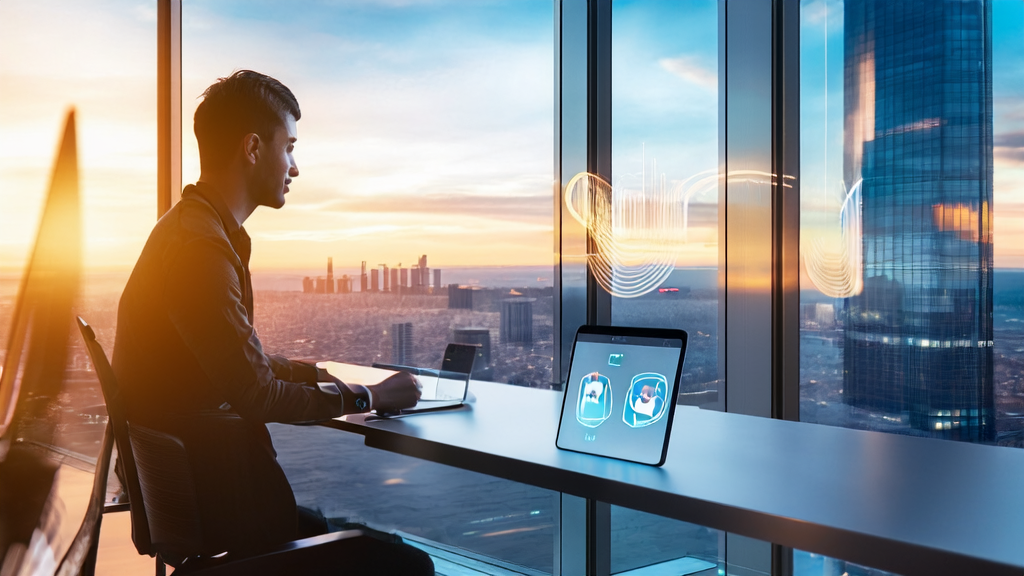 A young entrepreneur in a modern office using a Windows 11 computer with Copilot technology for optimizing advertising campaigns.