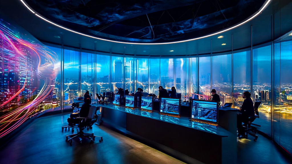 The modern research center of Tongyi Labs is lit up at night, with researchers working intensively, against the backdrop of a bustling city skyline.