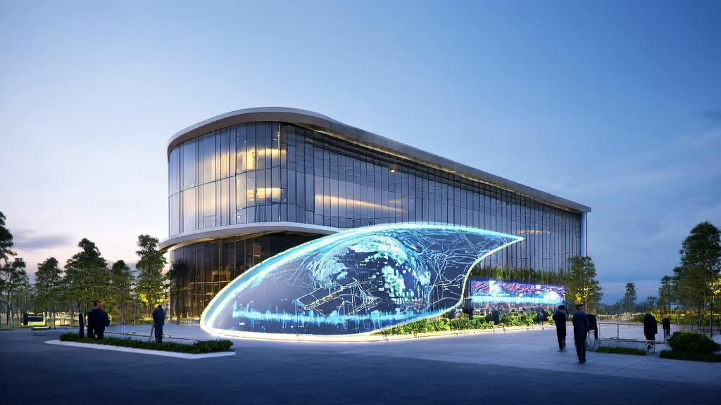 Modern tech company building showcasing AlphaEarth virtual satellite technology and AI algorithm models