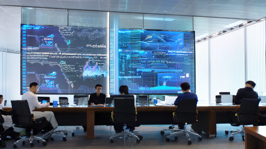 A scene inside a modern tech company's office, showing engineers using Baidu Cloud's AI algorithms for customer data cleansing.