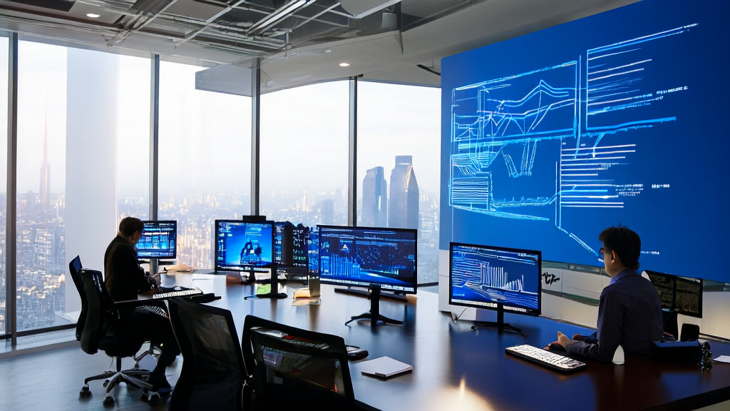 Employees in a modern tech office are working on AI-based customer data cleaning, with flowcharts and charts related to the project on the wall.