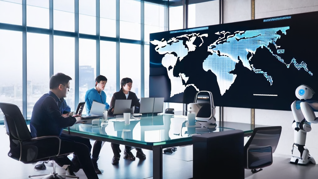 A team in a modern tech office discussing AI marketing automation strategies, with data analysis charts and a world map in the background.
