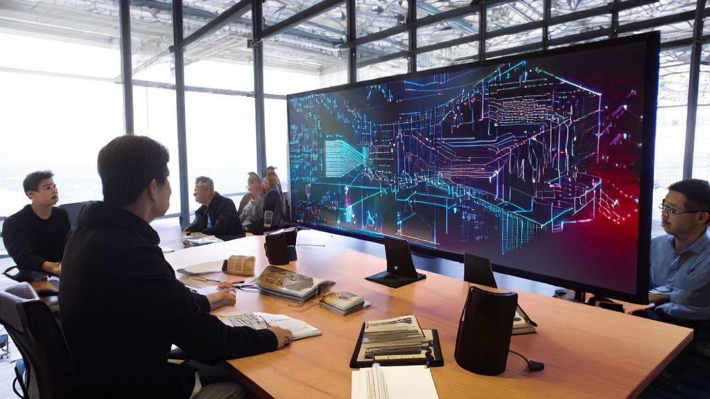 现代化科技公司办公室内的工程师们正在讨论如何利用最新的腾讯混元开源模型优化获客流程。
