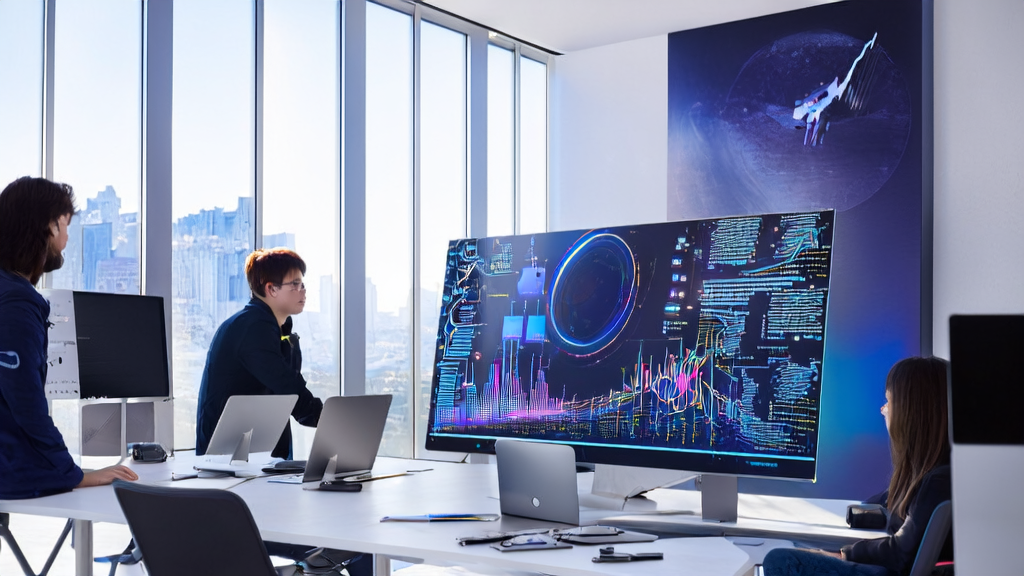 Employees in a modern tech office are discussing data and charts from the Kimi-2 AI prediction model