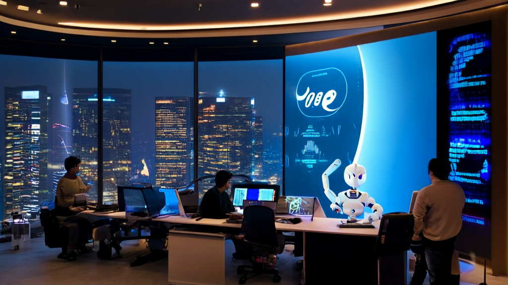 现代科技公司夜晚办公场景，程序员们正在开发和测试最新的AI智能获客系统