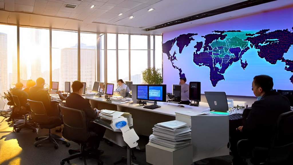 Interior of a modern tech office showcasing AI-generated whitepapers and Windows 11 with MCP support