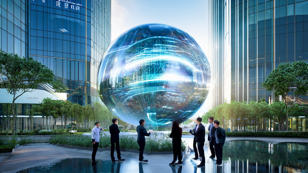 Modern tech park featuring AI algorithm models and the Huaxin Community logo by SASAC