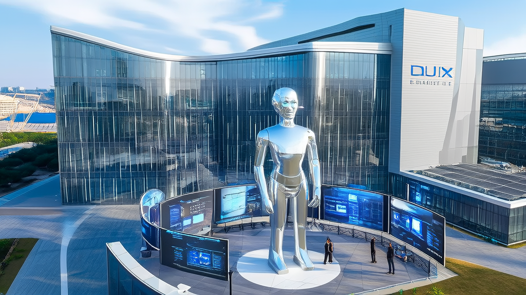 A digital human statue and interactive displays in a modern tech park, showcasing Silicium Intelligence's new generation of digital human interaction infrastructure DUIX