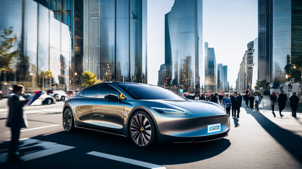 In a futuristic city, a Tesla Robotaxi stops by the roadside while a business professional reviews multi-language AI-generated emails