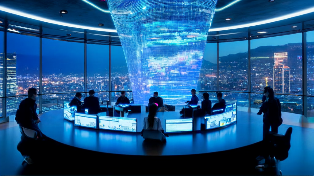 A futuristic city night scene with a modern office building where a team discusses optimizing email marketing using GPT-5