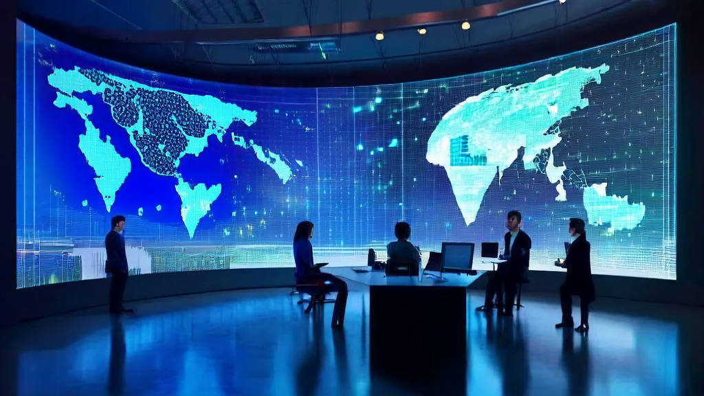 Tech professionals discussing applications of multilingual AI email generator in a futuristic office setting