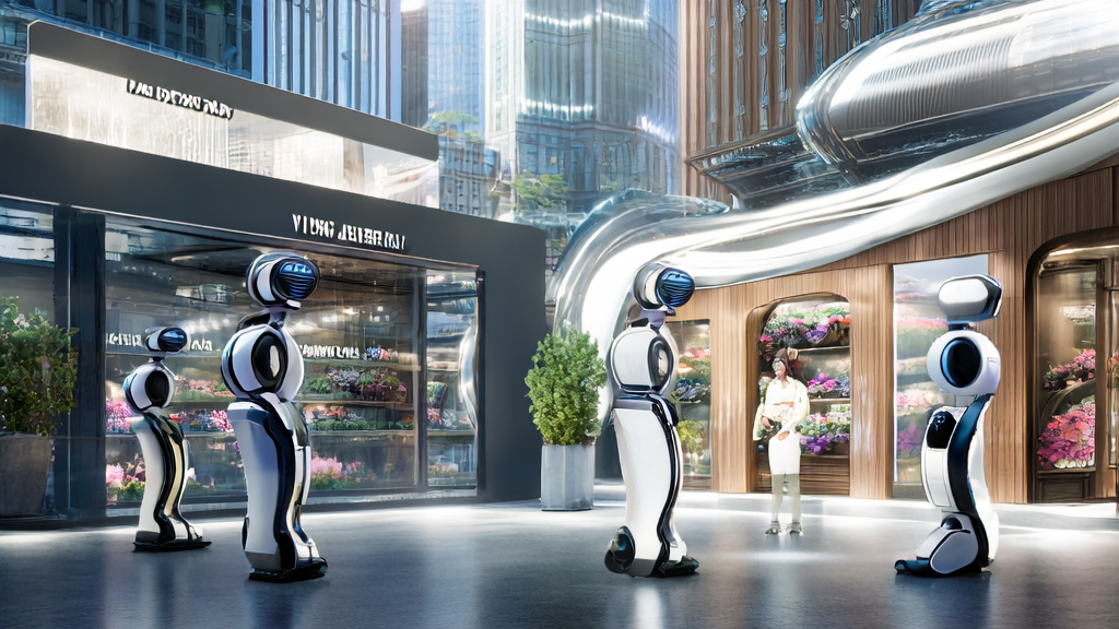 Robots discussing the use of Async-Code tool with a florist, showcasing the application of multiple AI synchronization in smart marketing