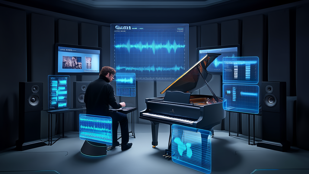 Musician creating music and analyzing customer feedback in a futuristic studio with AI speech recognition technology