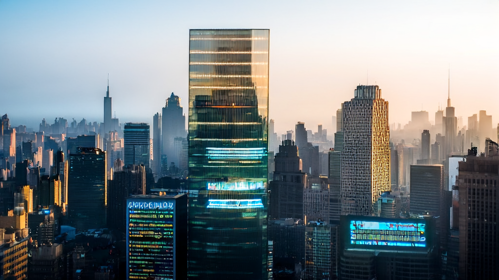 New York City skyline and modern office building, showcasing the application scenario of new regulations and AI customer prediction models