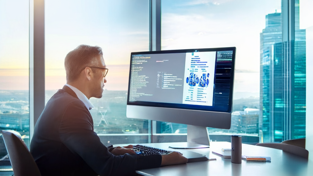 员工在现代化办公室使用AI邮件润色工具处理外贸邮件，背景为城市天际线。