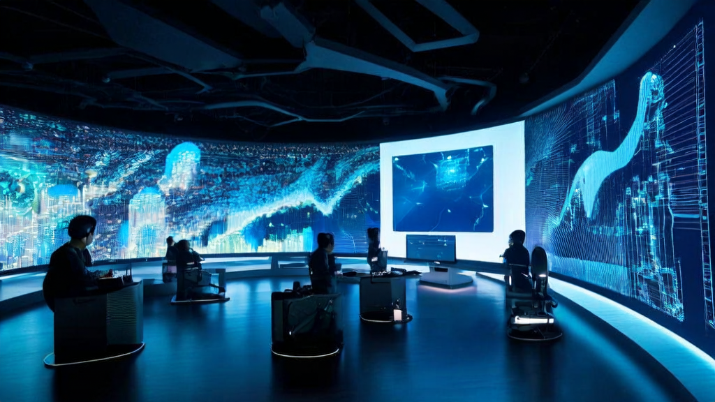 A futuristic customer service center powered by NVIDIA Audio-SDS, showcasing efficient service and superior audio experience