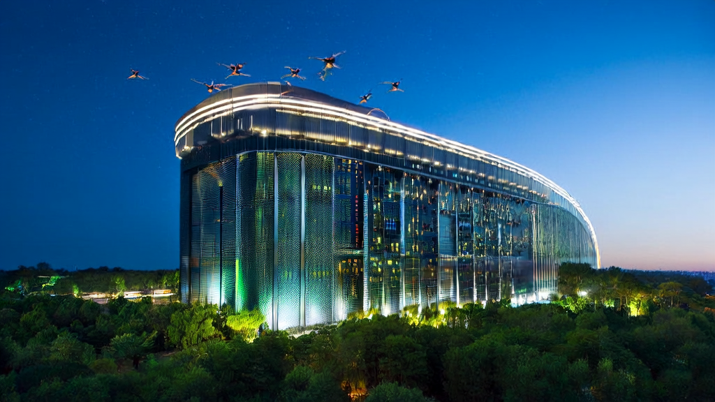 英伟达与德国电信合作建设的数据中心，在夜色中闪耀着光芒，展示着强大的AI算力和未来科技的应用前景。