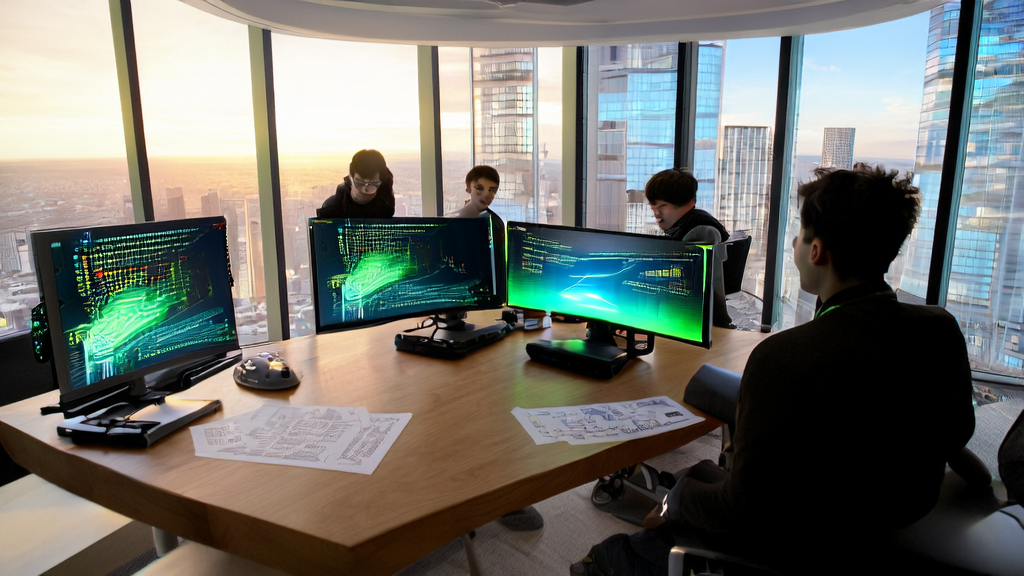 Young entrepreneurs using NVIDIA Llama-Nemotron-Nano-VL-8B-V1 model for intelligent marketing planning