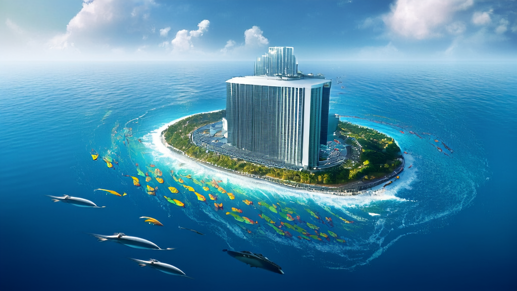 广阔海洋中的科技岛屿，展示中国首个海洋开源大模型OceanGPT及其与海洋生物和谐共存的场景