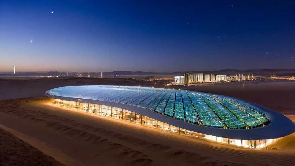阿布扎布超级数据中心“星际之门”在沙漠中的夜景图，周围有太阳能板阵列，内部服务器机房灯光闪烁，象征着AI智能获客系统的革命性突破。