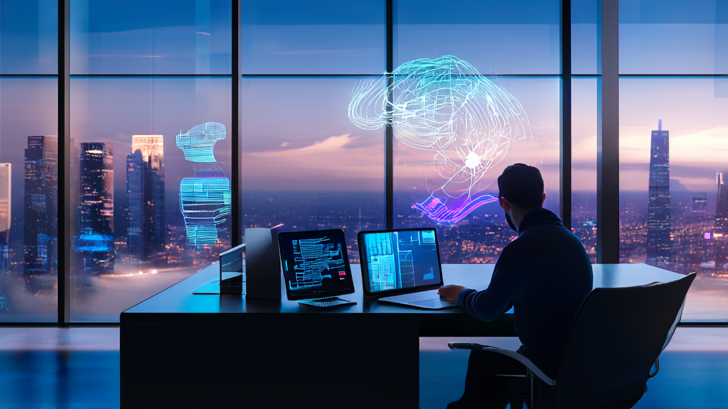 A modern office scene where an entrepreneur uses OpenAI's deep research model API for AI-powered customer acquisition in the B2B market