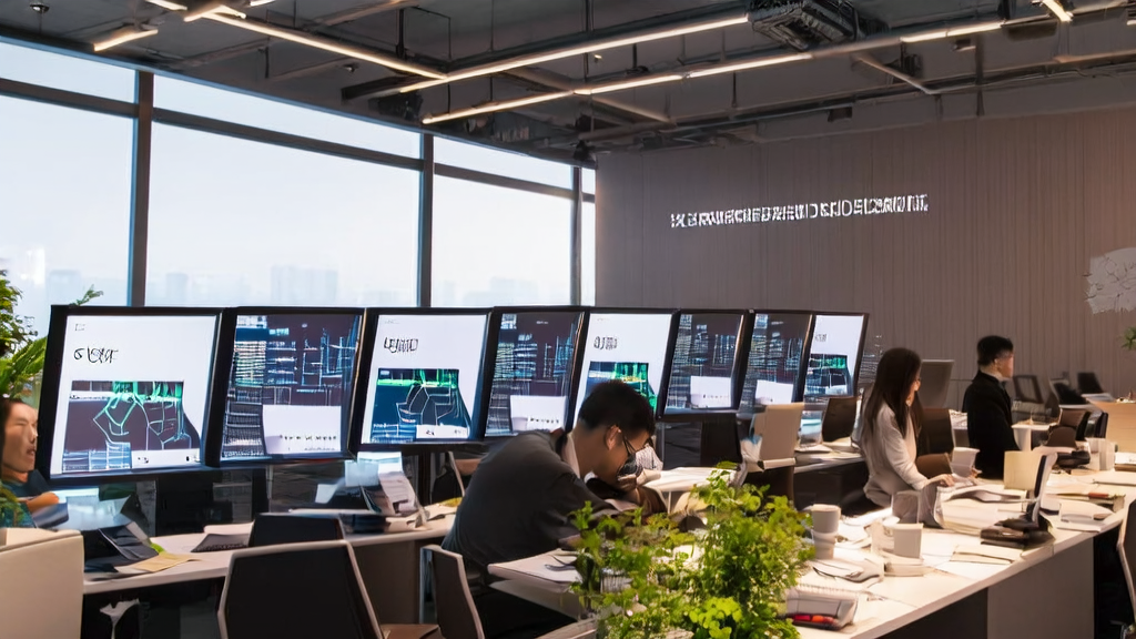 In a modern office, employees are using AI email marketing systems for data analysis and personalized email design, with OpenAI's $1.5 million talent retention plan displayed on the wall.