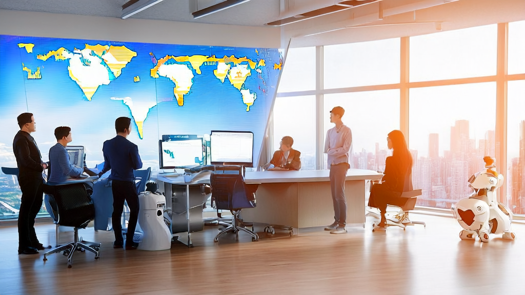 在现代化办公室中，创业者们正在讨论如何利用AI技术优化跨境电商独立站的邮件营销策略。