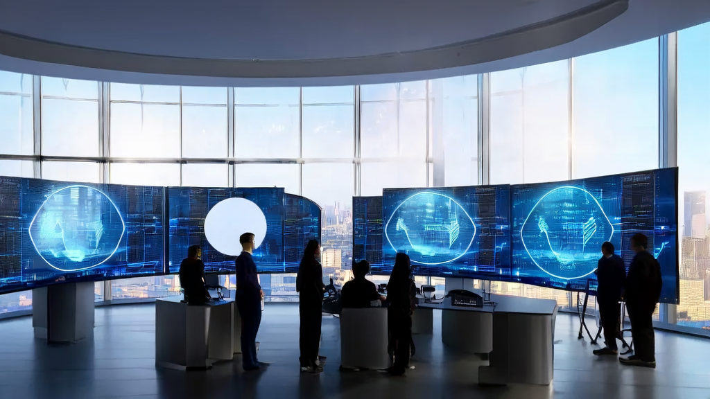 Data scientists in a modern office using AI customer prediction models for data analysis, with Oracle's logo and cityscape in the background.