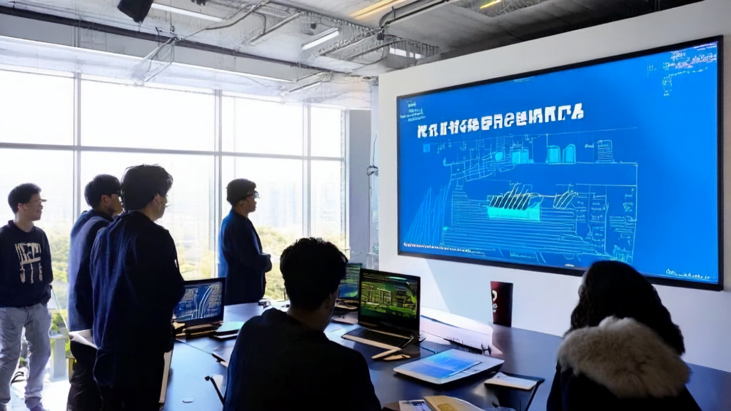 现代化办公室中程序员们正在讨论Ovis2.5模型及其在AI客户数据采集中的应用