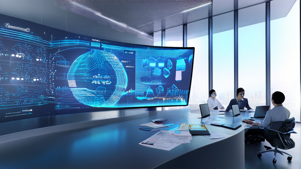 Data analysts in a modern office using Alibaba Ovis-U1 multimodal AI model for customer data collection and analysis