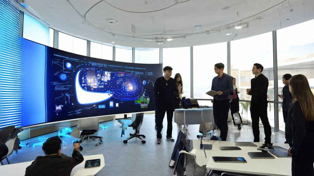 使用Ovis-U1多模态技术进行AI获客的现代化办公室场景