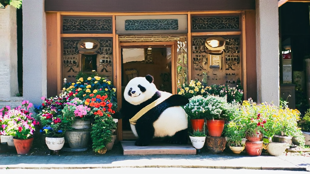 A panda wearing a wide-brimmed hat stands in front of an exquisite florist shop welcoming customers