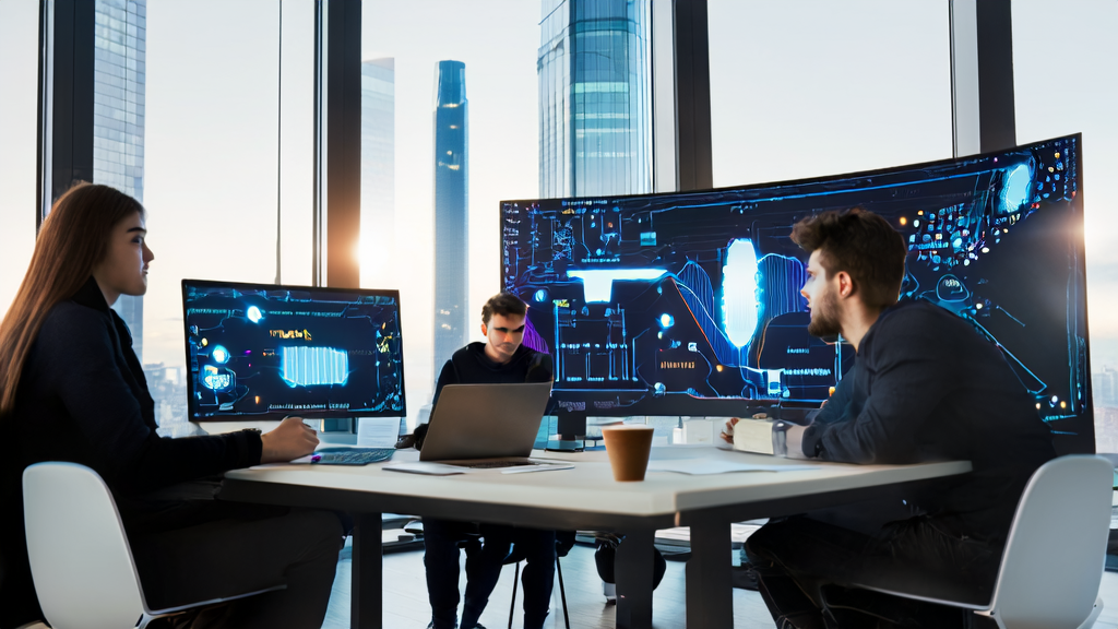 Young entrepreneurs in a modern office using Perplexity AI's video generation service, discussing new opportunities brought by the AI customer acquisition system.