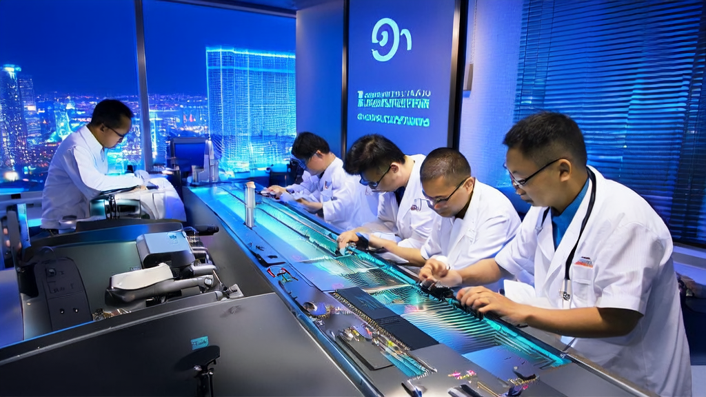 光子芯片实验室中，南智光电研发团队专注工作，OptoChat AI标志挂在墙上，窗外是繁华城市夜景。