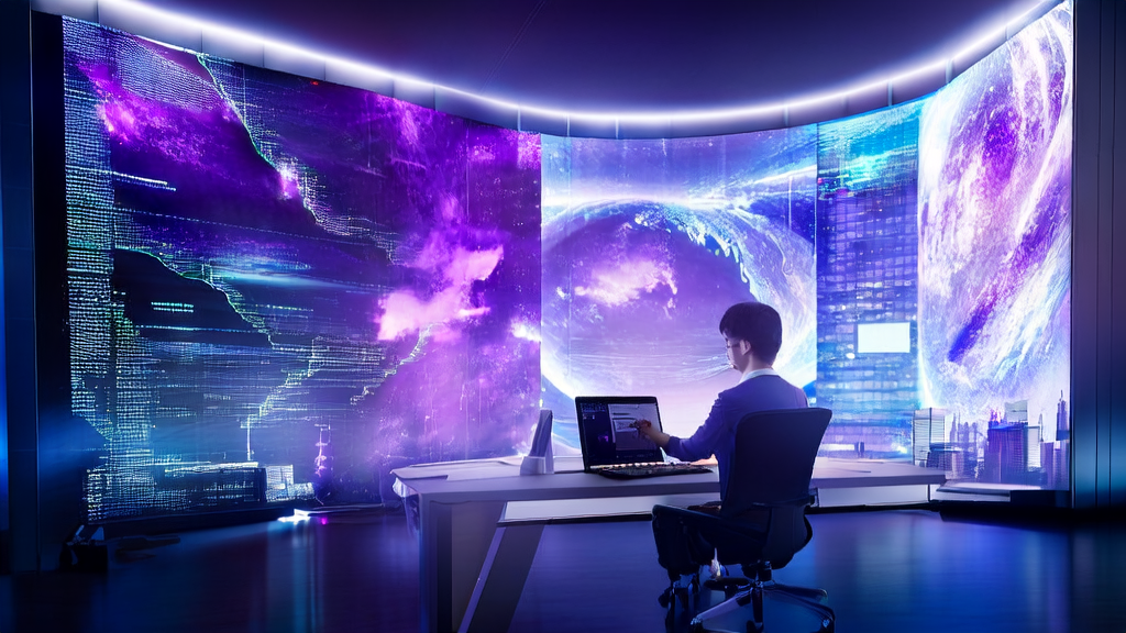 Purple spell of AI email marketing: A young programmer and an intelligent robot assistant optimizing email content, with a background of global city skylines