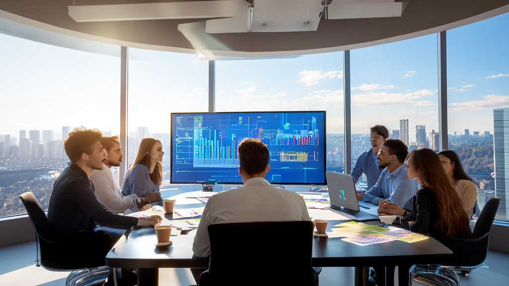 A team enthusiastically discusses new AI marketing strategies following the release of PyTorch 2.8, showcasing the latest technology and market trends.