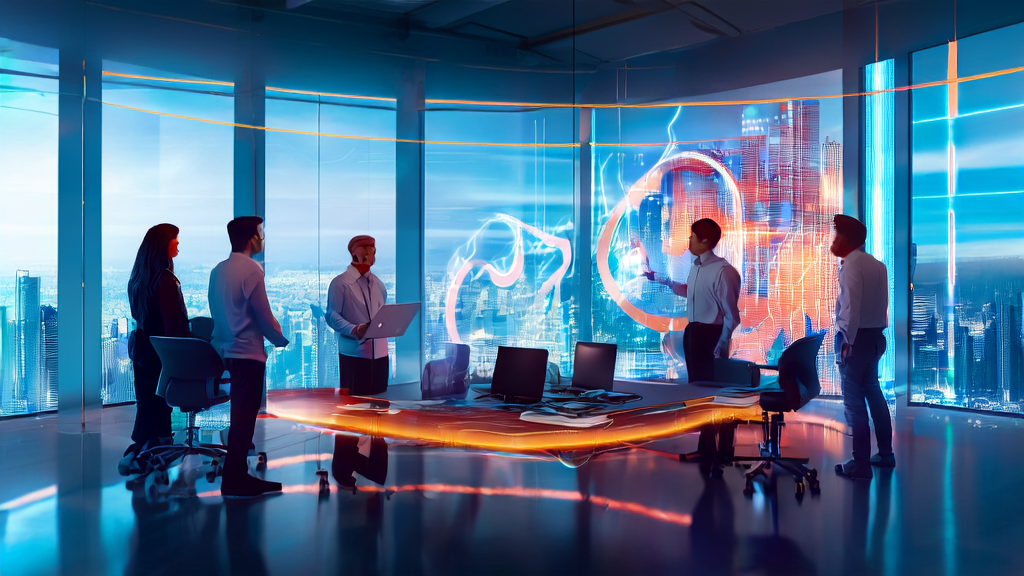 A meeting scene showcasing PyTorch 2.8 AI acquisition strategies in a futuristic office environment