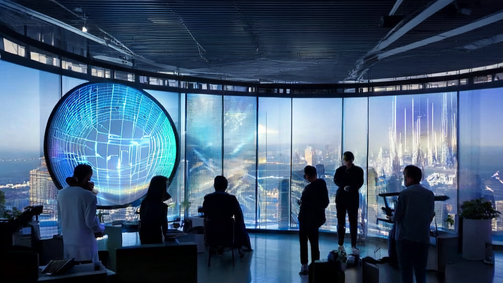 现代化办公大楼内，数据科学家们正在使用AI客户预测模型进行超个性化邮件营销分析