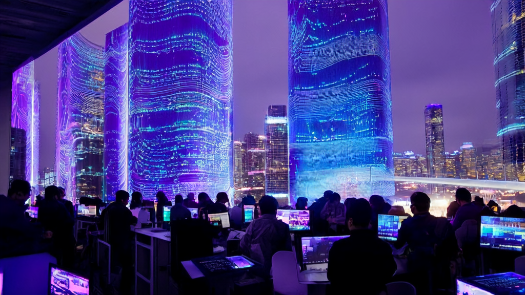 科技感十足的未来城市中，工程师们正在探讨AI技术在电商和B2B市场的应用