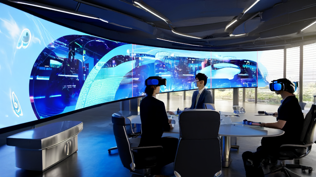 未来感虚拟办公室中展示AI生成视频和3D虚拟世界的实时互动场景