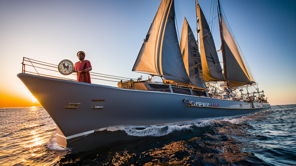 一艘搭载最新AI技术设备的帆船在夕阳下驶向东南亚市场，象征中国企业出海的决心与机遇。